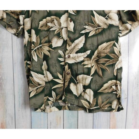 Vintage Men Hawaiian Shirt XL Green Tan Leaves Short Sleeve Button Down - Picture 3 of 8